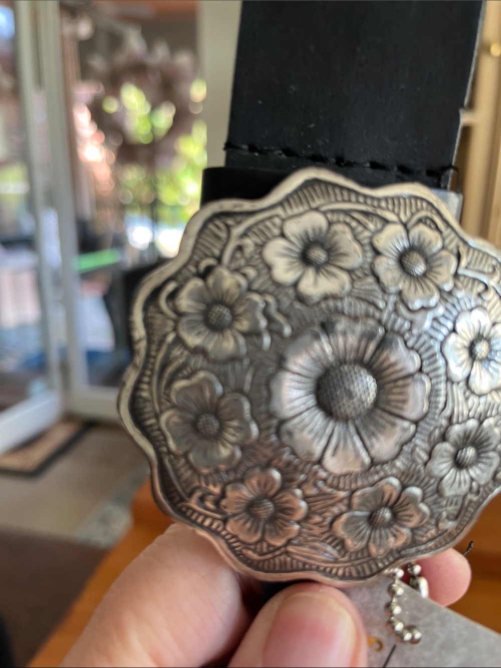 The Sak Silver Floral Western Buckle on Black Strap